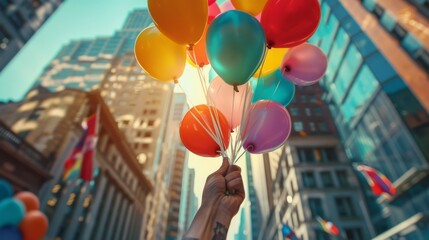 Close up of hand holding colorful balloons in front of skyscrapers on a sunny day
