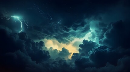 Ominous Thunderstorm with Dramatic Lighting Illuminating Turbulent Clouds in the Mysterious Skyscape