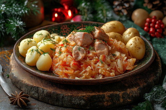 Festive Estonian Mulgikapsad with Sauerkraut and Pork, Accompanied by Boiled Potatoes