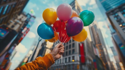 A photograph of a hand holding colorful balloons against the backdrop of skyscrapers