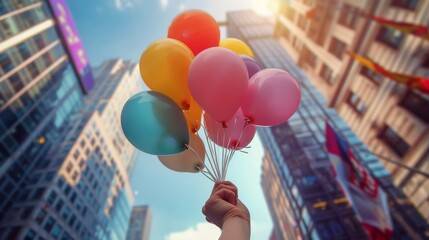 A person holding colorful balloons in front of skyscrapers. skyline on a bright sunny day, with a shallow depth of field