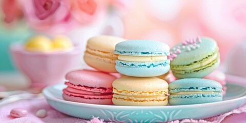 Vibrant macarons dessert with soft pastel hues Shallow focus