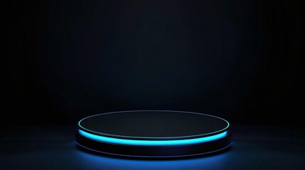 3D Blue Cylinder Pedestal Display in a Futuristic Dark Blue Room with Semi-Circle Glowing Neon Lighting for Product Showcase
