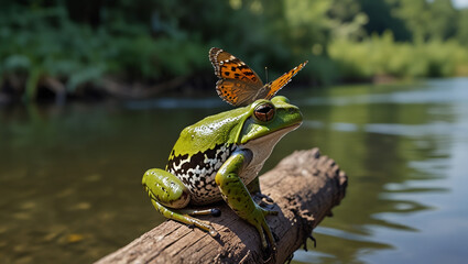 frog on a tree on the water in the morning