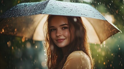 Cheerful young woman enjoying the rain under green umbrella in the park on a cloudy day
