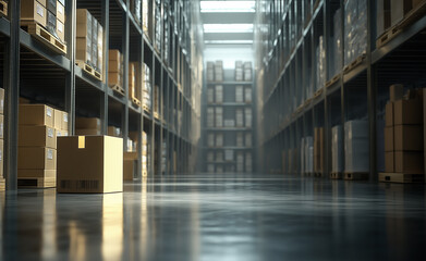 Fototapeta premium Single cardboard box in an empty warehouse with rows of shelves.