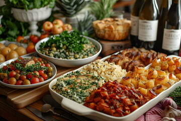 A beautifully arranged table featuring an array of dishes and glasses of wine, showcasing a delightful culinary spread.