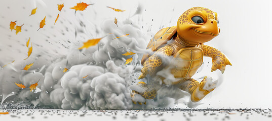 fast quickly running 3d animated orange Turtle, white background filled with smoke and wind