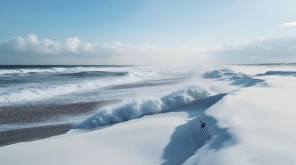 Crashing Waves Painting the Serene Coastal Shoreline with Blue Hues and Ethereal Motion