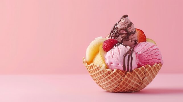 scoops fruit ice cream with chocolate glaze and colorful toppings in waffle cone bowl