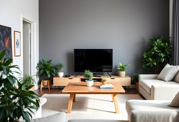 Interior A modern living room with a blue sectional sofa, a wooden coffee table, and several large potted plants decorating the space. The room has large windows 