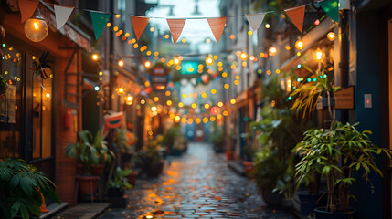 A narrow alley adorned with colorful lights and bunting, creating a festive and inviting atmosphere for visitors.