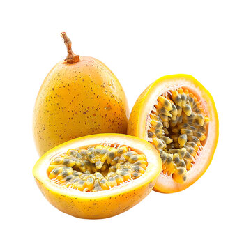 Sweet granadilla and slice are isolated on a transparent background. Generative AI