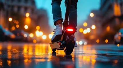 Fototapeta premium Person riding an electric scooter through a city street at night with vibrant lights.