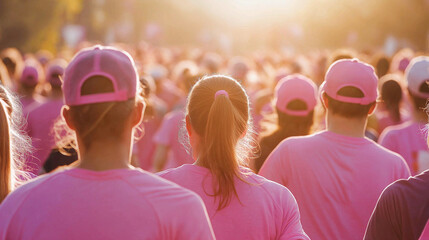 Group of people wearing pink shirts participating in a charity run or walk.