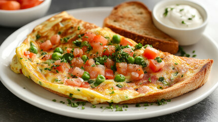 A delicious omelette filled with vegetables and cheese, served with toast