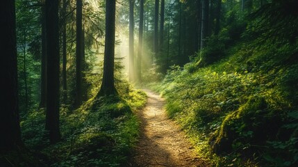 Obraz premium Sunlight Illuminating a Path in a Misty Forest