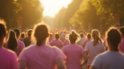 Group of people wearing pink shirts participating in a charity run or walk.