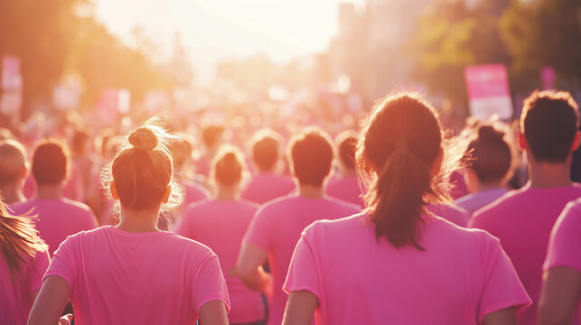 Group of people wearing pink shirts participating in a charity run or walk.