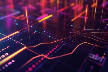 Abstract digital art showcasing a vibrant interface of fluctuating graphs and glowing neon lines, representing cutting-edge technology and data visualization.