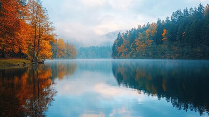 Fototapeta premium A peaceful lake surrounded by autumn foliage