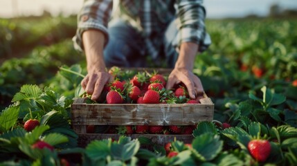 Fototapeta premium A farmer working on crates of fresh strawberry fruit in plantation farm field