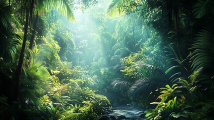 Obraz premium Dense Tropical Rainforest with Vibrant Plant and Animal Life, Highlighting Biodiversity and Ecosystem Importance