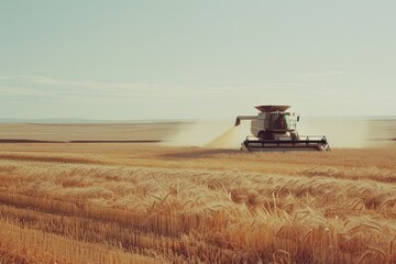 A harvesting machine works through a vast golden wheat field under a clear sky, illustrating the beauty and productivity of agricultural life.