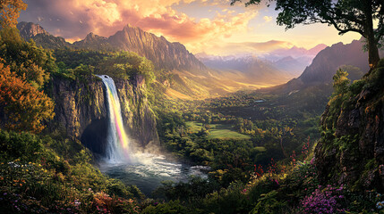Paradise Valley: Majestic Waterfall and Mountain Sunset