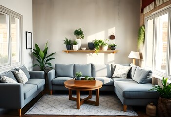 Fototapeta premium A cozy living room with wooden shelves displaying various decorative items, plants, and a small round table with a vase of flowers. The room has a warm, minimalist aesthetic with a comfortable armchai