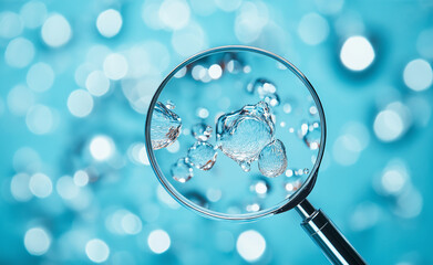 A magnifying glass held over water bubbles, creating a visually intriguing view that emphasizes the bubbles' clarity and the lens effect.