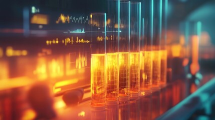 Obraz premium Medical research lab with glowing test tubes and digital charts