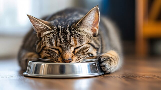 A healthy cat quenching its thirst from a pristine bowl its ears relaxed and eyes closed in peace Stock Photo with copy space