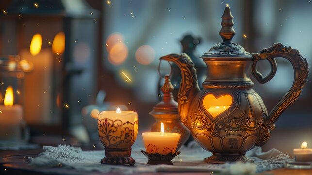 Create a whimsical and romantic image featuring a samovar with a love-themed design. Incorporate elements like heart shapes, affectionate motifs, or playful details that express a sense of romance. Th