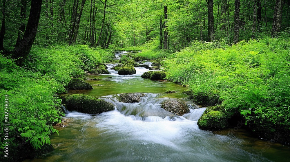 Poster a pristine stream flowing through a lush green forest with vibrant colors and clear water stock phot