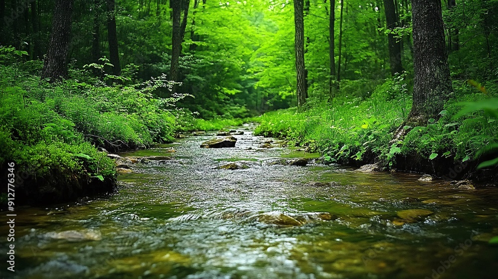 Poster a pristine stream flowing through a lush green forest with vibrant colors and clear water stock phot