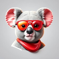 red theme koala head cartoon with sunglasses 3d art logo design in plain white background