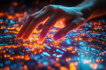 A human hand navigating a holographic investment portfolio