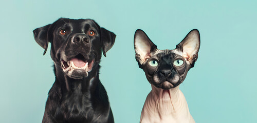 Cats and dogs with their heads exposed against a blue background