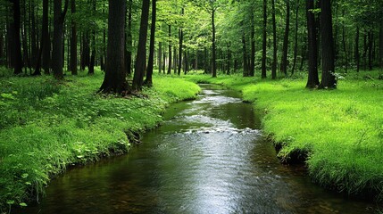 Obraz premium A serene forest scene with a sparkling stream running through rich green foliage Stock Photo with copy space