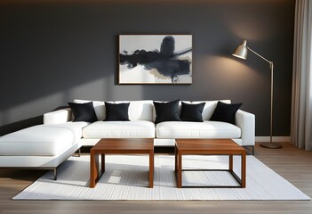 A modern living room with a large white sofa, wooden coffee table, and two table lamps on either side. The walls are painted a dark, moody color creating a cozy and sophisticated atmosphere