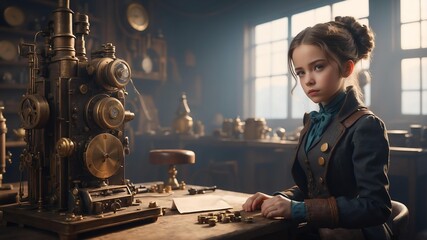 ella the inventor a young inventor in a steampunk worl cinematic concept art