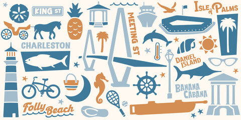 Charleston Pattern | Icons and Symbols Representing Charleston, SC | Isle of Palms, Daniel Island and Folly Beach Wall Paper | South Carolina Coastal Emblems