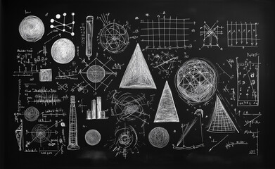 A chalkboard filled with intricate chalk drawings and calculations, including geometric shapes and scientific diagrams, reflecting mathematics and physics concepts.