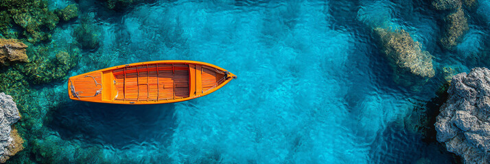 Obraz premium top view of a small boat in a beautiful bay
