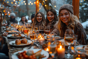 A group of women gathered around a candlelit dinner table, enjoying a warm and intimate dining experience together.