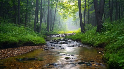 A tranquil forest scene with a clear stream flowing through lush green surroundings and vibrant colors Stock Photo with copy space