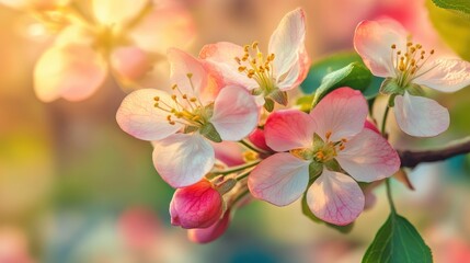 Obraz premium Blooming fruit tree branch with colorful flowers, captured in a close-up shot to highlight spring's beauty.