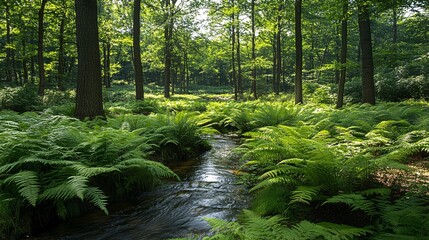 Obraz premium A serene forest setting with a pristine stream of clear water flowing through rich greenery Stock Photo with copy space