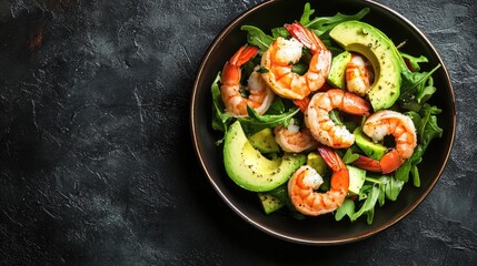 Shrimp, Avocado, and Arugula Salad in a Black Bowl
